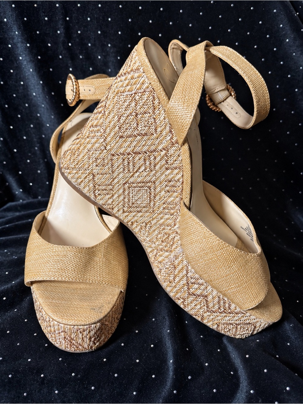 Jessica Simpson Gold Woven Raffia Platform Wedge Sandals Size 10